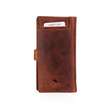 A brown distressed leather wallet with a card slot, shown on a plain white background. The wallet features an embossed logo of a bear and the text 'VINTAGE LEATHER' near the bottom.