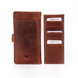 A brown textured leather wallet shown in two views: closed on the left with a small embossed logo, and open on the right showing three card slots with sample credit card labels. The background is a clean white studio backdrop.