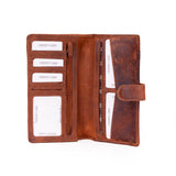 An open brown leather wallet with multiple card slots, a zipper pocket, and a pen loop, shown on a plain white background.