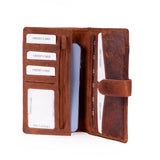 A brown distressed leather wallet shown open, featuring multiple card slots, a vertical card pocket, and a strap closure, photographed on a white background.