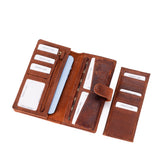 A brown leather wallet shown open on a white background, with multiple card slots, ID windows, a pen loop, and a separate matching card holder panel beside it.