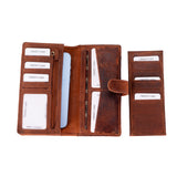 A brown textured leather wallet shown open, with multiple card slots, a phone slot containing a light blue phone, and a pen loop, alongside a matching closed wallet panel on a white background.