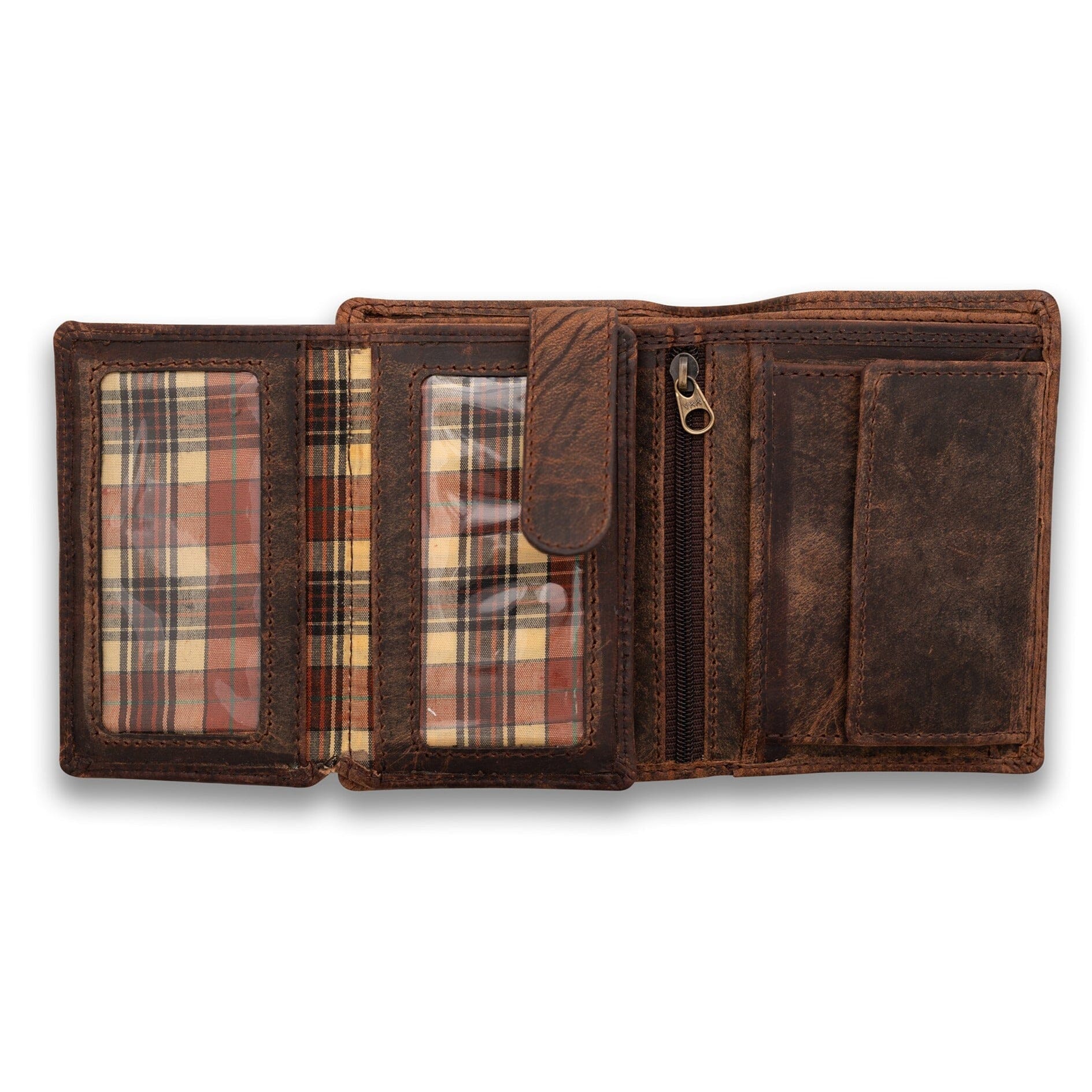 The Leather Wallet for Women Bento by Vintage Leather Sydney features plaid lining, two clear ID slots, a zip pocket, and an extra flap compartment—ideal as a compact and stylish wallet for your daily essentials.