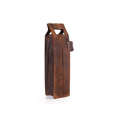 The Banbury Wine Carry Bag by Vintage Leather Sydney is a brown full-grain leather wine bag with a handle and leather tag, shown standing upright on a white background.