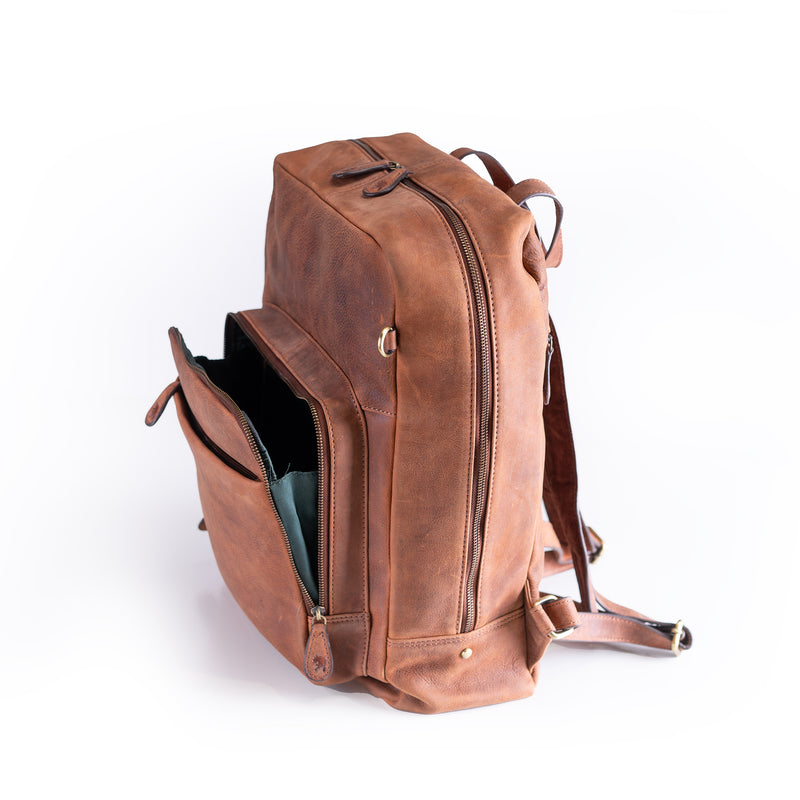 The Leather Work Backpack Burley by Vintage Leather Sydney features brown leather, multiple compartments with front and main sections unzipped—standing upright against a white background for practical, quality-minded users.