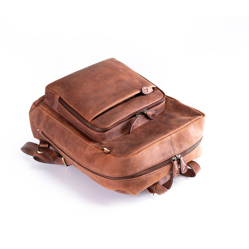 The Leather Work Backpack Burley by Vintage Leather Sydney features two zippered compartments and adjustable straps for style and practicality, ideal for daily use or travel. Shown on a white background for a modern look.