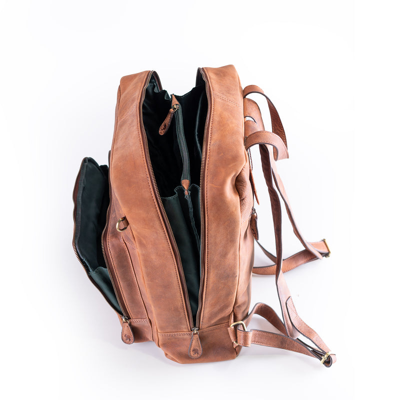 The Leather Work Backpack Burley by Vintage Leather Sydney features tan leather, multiple zippered compartments, a dark interior, adjustable straps, and gold-tone hardware—all showcased on a white background for a stylish look.