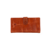 A brown leather wallet with a flap closure and a small debossed logo on the left side, shown against a plain white background.