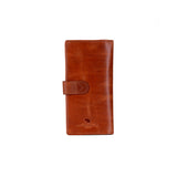 A brown leather wallet with a strap closure and an embossed logo near the bottom, shown on a plain white background.