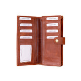 An open brown leather wallet with multiple card slots, an ID window, and a snap-button strap, shown on a plain white background.