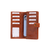 A brown leather card holder wallet shown open, displaying multiple card slots, an ID window, and a phone compartment containing a light blue smartphone.