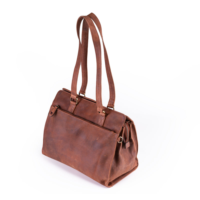 The Leather Handbag Fennel by Vintage Leather Sydney features double shoulder straps and a front zipper pocket, offering style and functionality with ample space for essentials, all presented on a white background.