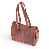 The Leather Handbag Fennel by Vintage Leather Sydney is a brown tote with double handles, a front zipper pocket, and a luggage tag. Shown on a white background. See product details for exact dimensions.