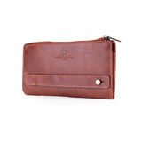 A brown leather zip-around wallet with a front card pocket and a brass snap button, shown on a plain white background. The brand 'Vintage Leather Co.