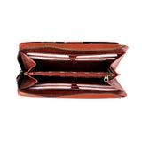 An open brown leather wallet with multiple card slots, a central zip pocket, and a gold-tone zipper pull, shown against a plain white background.