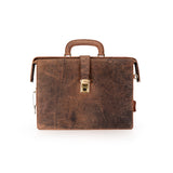 A distressed brown leather briefcase with a top handle, a front strap-and-lock closure, and a detachable shoulder strap, shown on a plain white background.