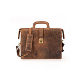 A distressed brown leather briefcase with a top handle, a detachable shoulder strap, and a front buckle closure, shown against a plain white background.