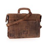 A distressed brown leather briefcase with a top handle, a detachable shoulder strap, and a front zippered pocket, shown on a white background.