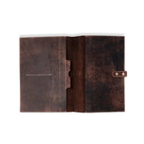 The Vintage Leather "Leather A4 Notebook Cover – Oxford" is crafted from full-grain leather with inner pockets and a right-side snap button closure, shown open on a white background.