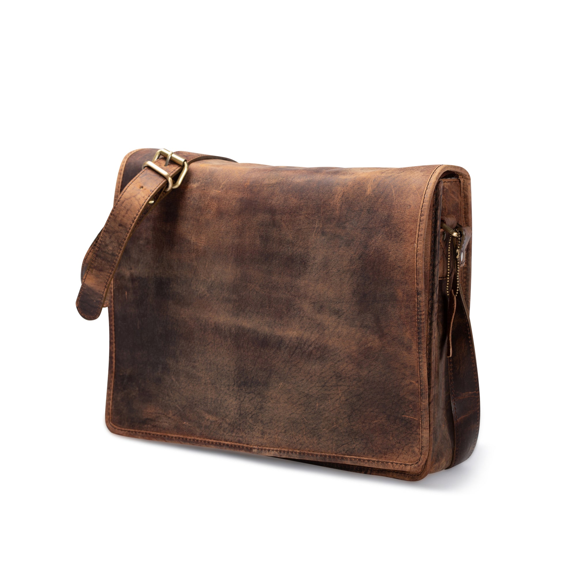 The Vintage Leather Laptop Bag Jersey, in brown leather with a buckle, zippered side pocket, and adjustable shoulder strap, is shown closed and upright on a white background with a rustic, worn look.