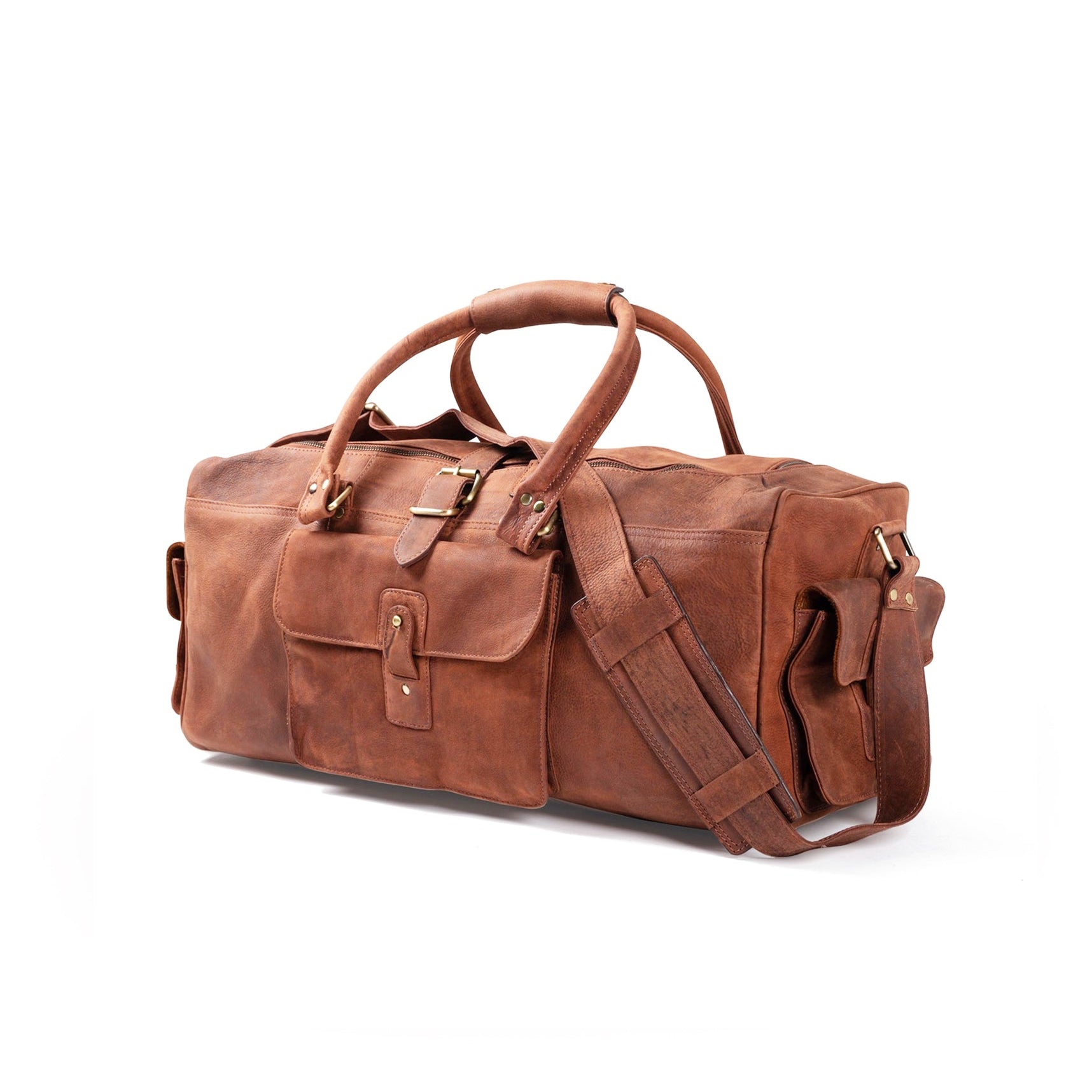 The Vintage Leather Sydney duffle bag features brown full grain leather, two handles, a shoulder strap, and multiple external pockets—a stylish weekend accessory displayed on a white background.