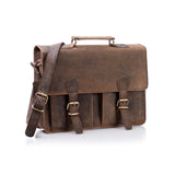 The Vintage Leather Messenger Bag Melbourne features a brown leather design with top handle, adjustable shoulder strap, dual front buckle closures, vintage worn look, and multiple front pockets for convenience.