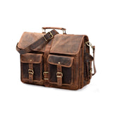 The Vintage Leather Perth Messenger Bag, shown on a white background, features brown vintage-style leather, a top handle, adjustable shoulder strap, and two front buckle pockets—ideal as an office bag for men.