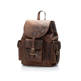 The Tucker Leather Backpack Australia by Vintage Leather features full-grain leather, a flap top, front buckle pocket, two side buckle pockets, and a carrying handle. This versatile travel backpack is displayed against a white background.