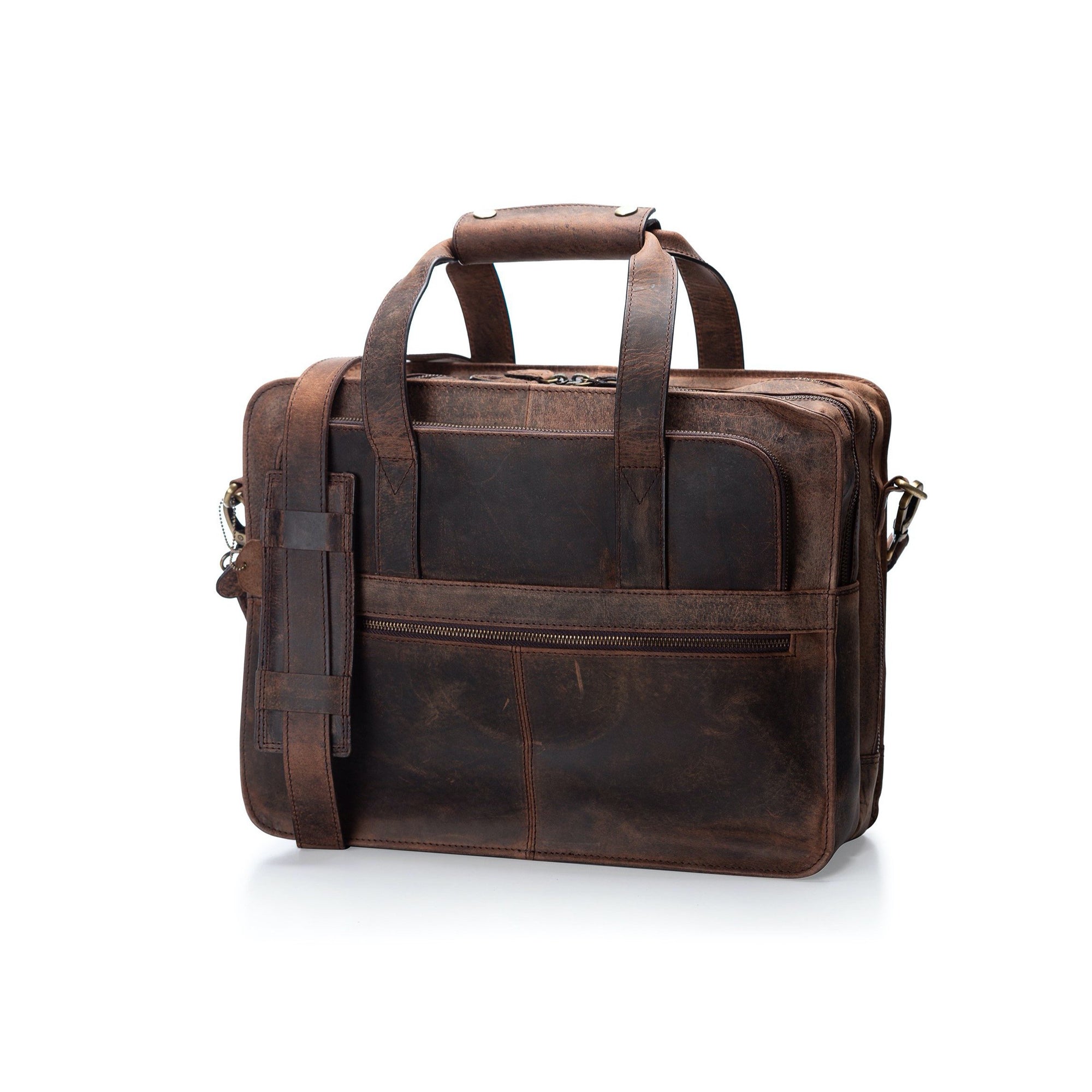 The Carter Leather Briefcase for Men by Vintage Leather Sydney features two handles, a shoulder strap, and a front zipper pocket—ideal for carrying your essentials in timeless style.
