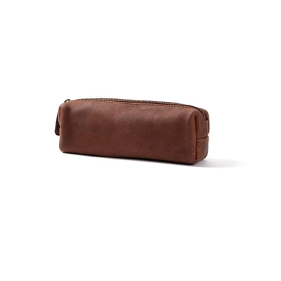 The Leather Pencil Case Ethan by Vintage Leather Sydney is a small, rectangular full-grain brown leather case with a top zipper, perfect for stylish stationery organisation. Shown on a white background.