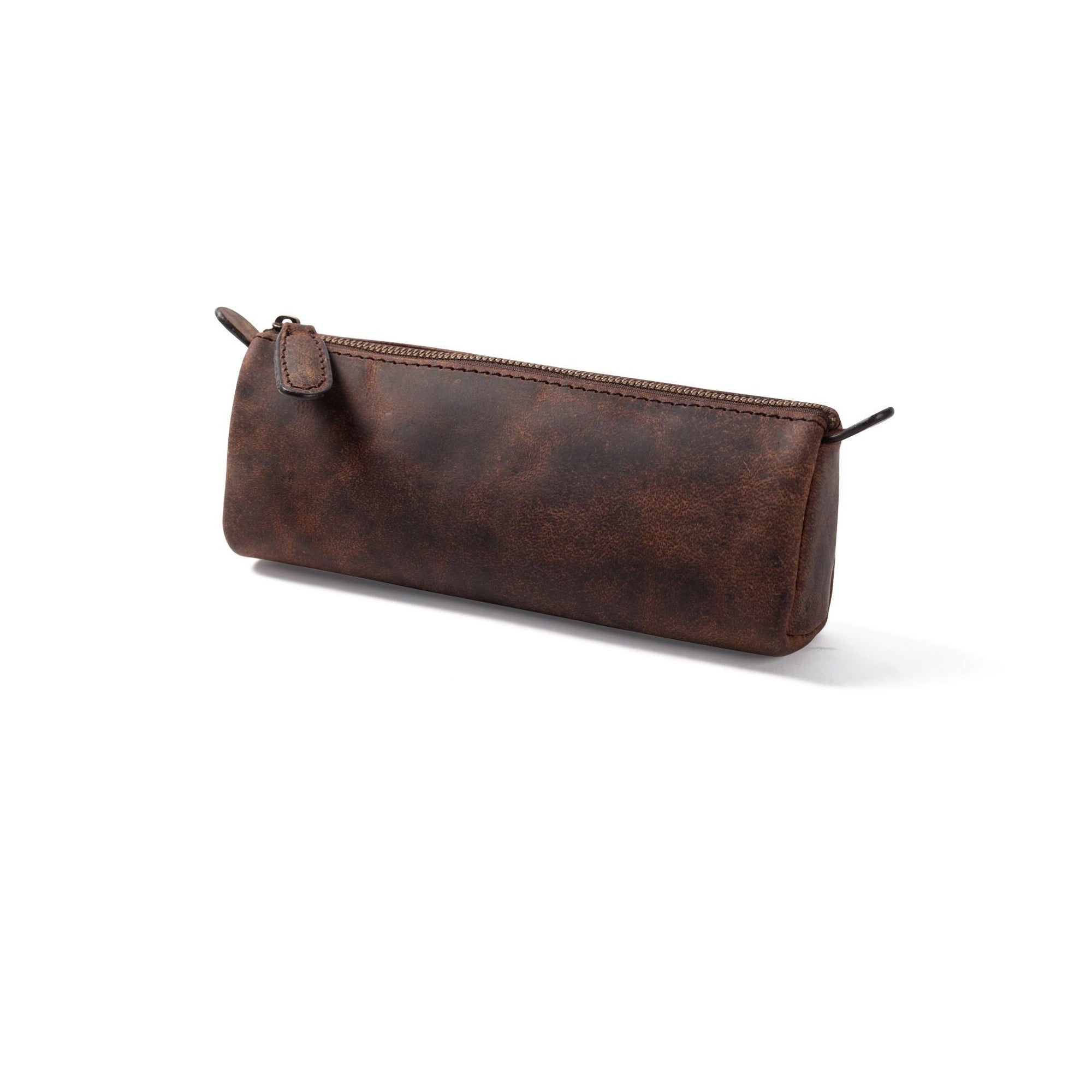 The Vintage Leather Stationery Pencil Case Levi is a brown full-grain leather rectangular zippered case, perfect for storing stationery and displayed against a white background.