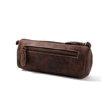 The Leather Pencil Case Lucas by Vintage Leather Sydney is a brown full-grain leather pouch with visible stitching, exterior zipper pocket, and side loop—an elegant stationery organizer shown on a white background.