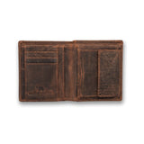 Open the Mens Leather Wallet Mario by Vintage Leather Sydney in brown, featuring multiple card slots, a coin pouch, and bill section. The wallet has a worn, vintage look with the Vintage Leather logo and bear on the lower left side.