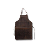 The Leather Apron Aaron by Vintage Leather Sydney is a dark brown full-grain leather apron with an adjustable neck and waist belt and a large front pocket, shown flat on a white background.