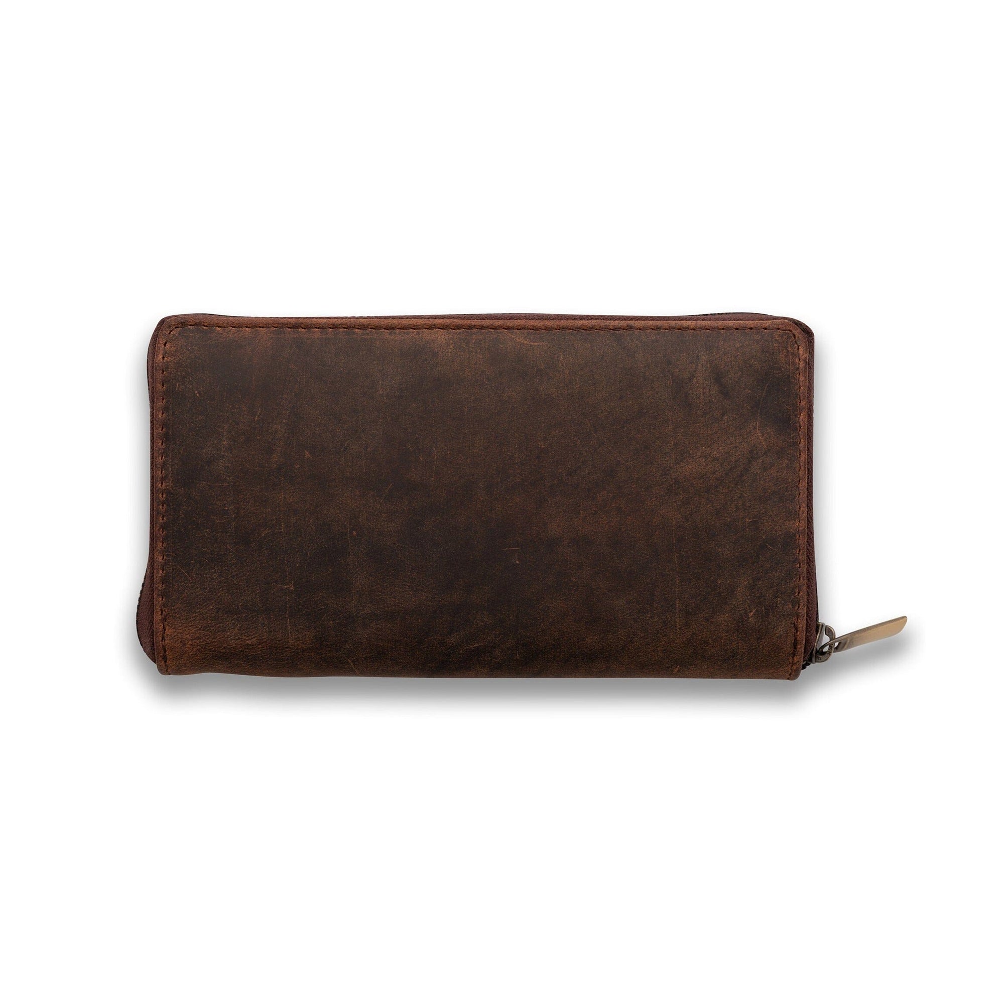 The Womens Leather Zip Around Wallet Candice by Vintage Leather Sydney is shown closed with a zipper closure against a white background.