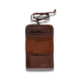 The Vintage Leather "Leather Tobacco Pouch William" is a brown full-grain leather roll-up tobacco organizer with an open flap, multiple compartments, and a securing strap, shown on a white background.