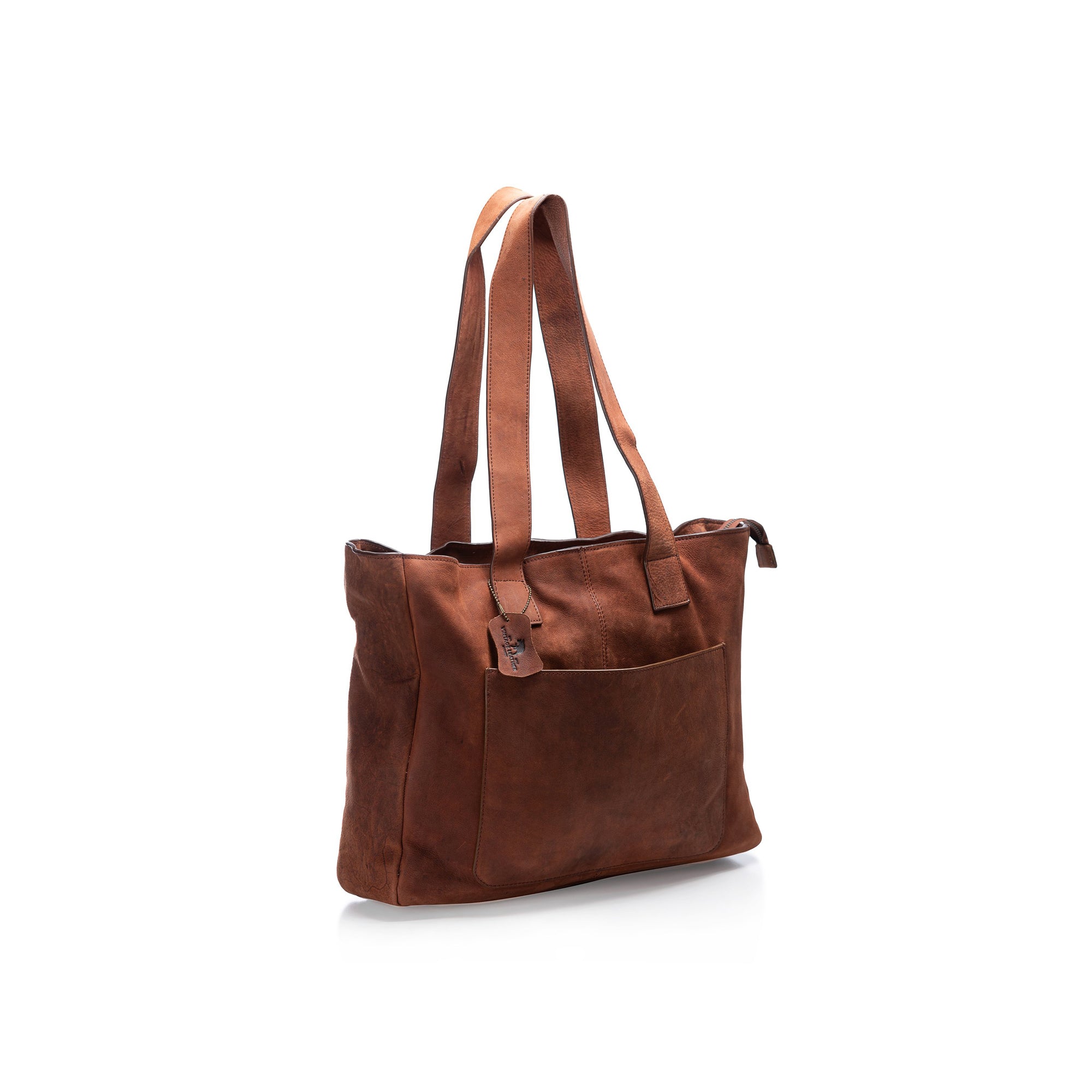 The Leather Tote Bag for Laptop Astev by Vintage Leather features long straps, a front pocket, and a minimalist design—ideal as a laptop tote. Displayed against a white background.