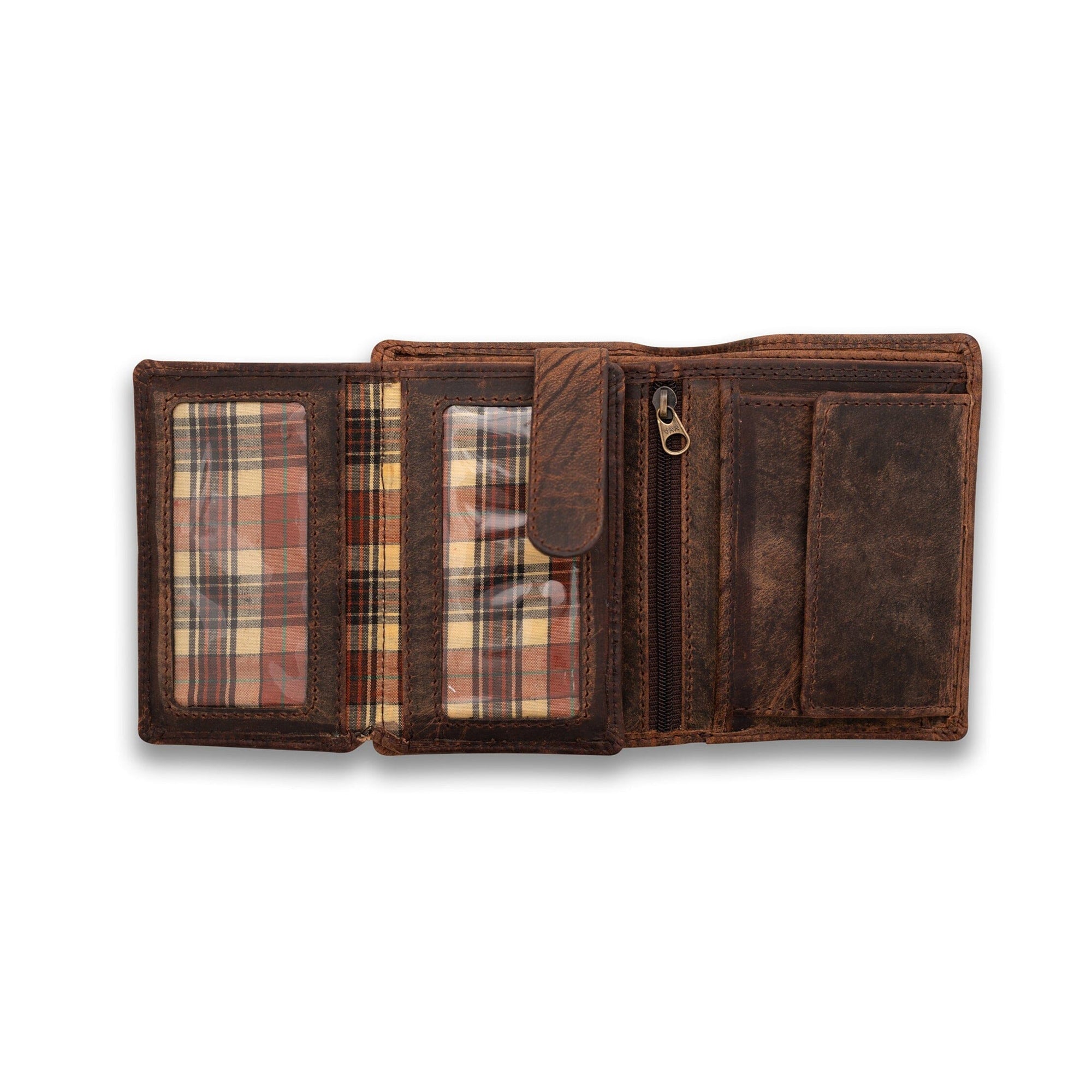 The Vintage Leather Sydney Leather Wallet for Women Bento is open, showing clear ID slots with a plaid background, a zippered coin pocket, and extra compartments—all displayed on a white background.