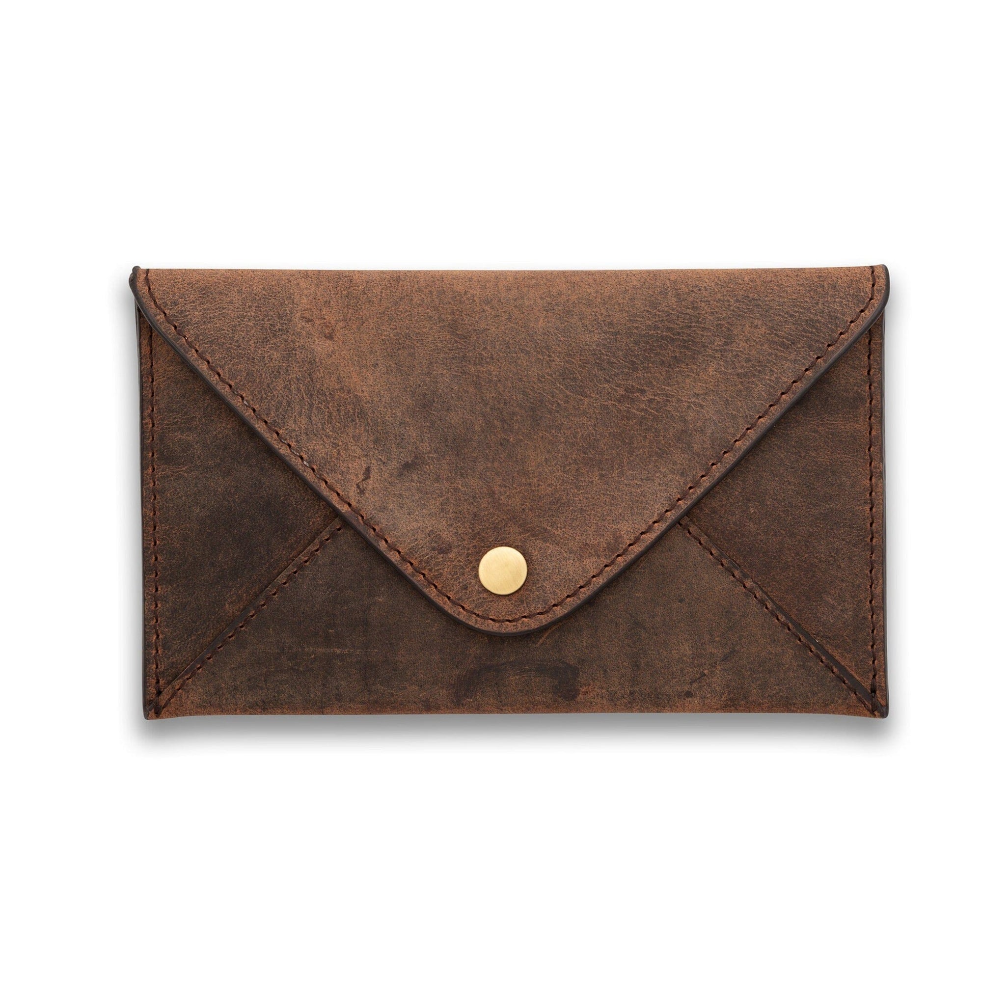 The Leather Wallet for Women Corda by Vintage Leather Sydney is a brown envelope-style wallet with visible stitching and a single brass button closure at the center of the flap.
