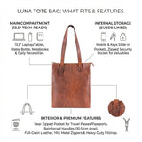 The Leather Tote Bag Luna by Vintage Leather Sydney features premium YKK metal zippers, a 13.5-inch laptop compartment, internal zipped pockets for valuables, a rear zipped pocket, and reinforced handles for durability.