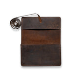 The Max Leather Tobacco Pouch by Vintage Leather Sydney features dark brown, rustic leather with a fold-over flap and long strap, shown open on a white background—perfect for tobacco storage or personalised stamping.