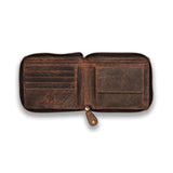 The Mens Zipper Wallet Urban by Vintage Leather Sydney is shown open in brown leather, featuring multiple card slots, a flap coin pouch, and a cash section. Its rustic design has a worn look with the Vintage Leather Sydney logo inside.