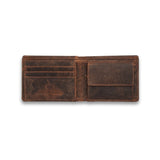 The Vintage Leather Sydney Mens Leather Trifold Wallet Braxton in brown features multiple left card slots and a right coin pouch with flap, offering a rustic, vintage look.