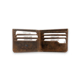 The Vintage Leather Mens Slim Leather Wallet Darro is an open bi-fold wallet with white stitching, visible credit card slots holding CREDIT CARD-labeled cards, a rugged masculine design, and a logo stamped on the left side.