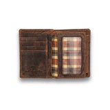 Open Vintage Leather Sydney Men's Leather Wallet Zola in brown, featuring multiple card slots, a transparent ID window, and plaid fabric lining—an ideal classic men’s wallet shown on a white background.