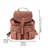 The Nomad Leather Backpack by Vintage Leather Sydney is brown leather, features two front pockets, and measures 18” (46 cm) high, 14” (35.5 cm) wide, and 4” (10 cm) deep.
