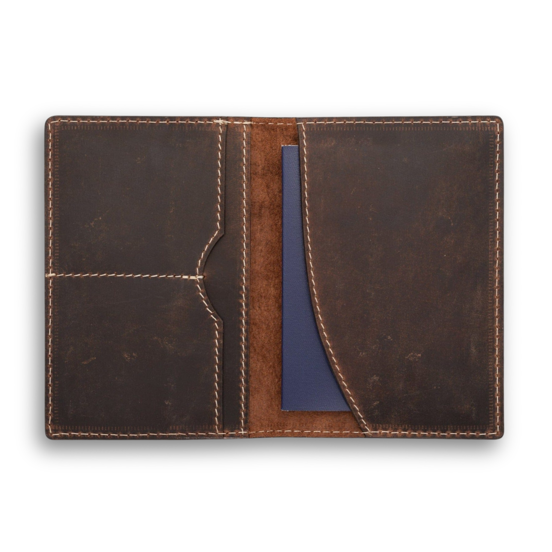 The Vintage Leather Passport Wallet - Perth, shown open on a white background, displays two pockets for organisation on the left and a blue passport partly tucked on the right—an ideal travel accessory with visible stitching and brown leather finish.