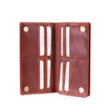 An open brown leather wallet with multiple card slots, interior pockets, and gold-tone snap buttons, shown on a plain white background.