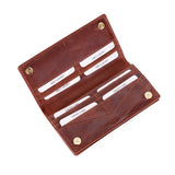 An open brown leather wallet with multiple card slots, white card inserts labeled with generic text, and brass snap buttons, shown on a plain white background.