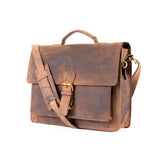 Brown leather satchel bag on a white background